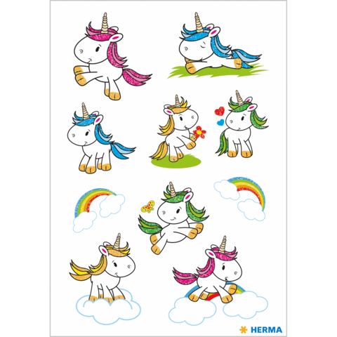 Neun bunte Einhörner in verschiedenen Posen, einige mit Blumen und Herzen, andere mit Regenbögen und Wolken im Hintergrund.