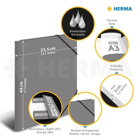 Graue Mappe mit elastischen Ecken, abwaschbar, für DIN A3, Maße 33,5 cm x 44 cm, aus stabilem PP-Material.