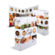 Ein aufgestellter Café-Werbeaufsteller mit Bildern von Kaffee, Gebäck und Zutaten, beschriftet mit "Café".