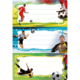 Drei Fußballspieler in verschiedenen Aktionen: ein Spieler dribbelt, ein anderer schießt, und ein Torwart hält einen Ball. Leere Textfelder für Notizen.