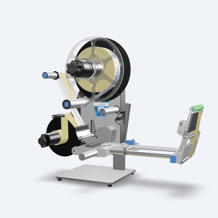 A labelling machine with rollers that applies labels to a surface. It consists of a sturdy frame and several rollers.