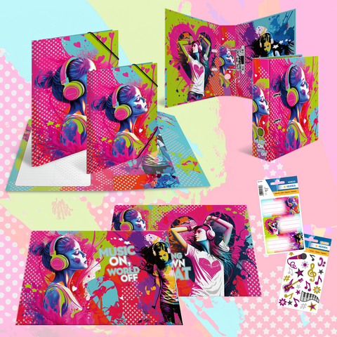 Colorful binders and notepads featuring music motifs, including illustrations of people wearing headphones and the text "MUSIC ON, WORLD OFF.