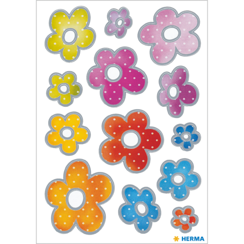 Bunte Aufkleber in Form von Blumen in verschiedenen Farben und Größen, darunter Gelb, Pink, Rot und Blau, mit Punkten.