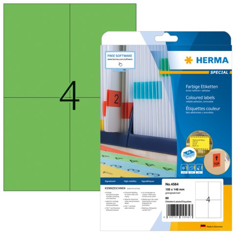 Grüne Etiketten mit der Nummer 4, verpackt in einer transparenten Hülle. Enthält Informationen zu den Etiketten und Softwarehinweise.