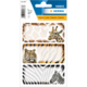 Tiermotive auf Etiketten: Giraffe, Tiger und Zebra, jeweils auf einem Hintergrund mit Tierfellmustern.