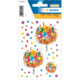 Bunte Aufkleber mit Luftballons und Sternen in verschiedenen Größen und Farben auf einer Verpackung.
