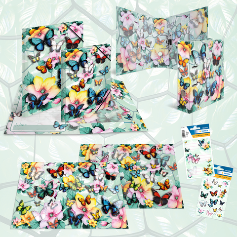 Colorful butterflies and flowers on various cards and a display stand, surrounded by a bright, patterned background.