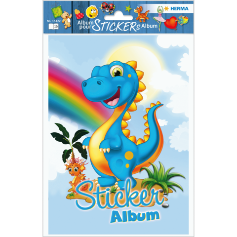 Buntes Stickeralbum-Cover mit einem lächelnden Dinosaurier, einem Vogel und Pflanzen, umgeben von einem Regenbogen und Wolken.