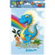 Buntes Stickeralbum-Cover mit einem lächelnden Dinosaurier, einem Vogel und Pflanzen, umgeben von einem Regenbogen und Wolken.