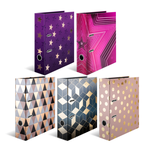 Colorful binders in various designs, including geometric patterns and stars, arranged in two rows.