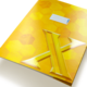 Gelbes Notizbuch mit einem hexagonalen Muster und einem großen, glänzenden, gelben "X" auf der Vorderseite. Ein Etikett ist sichtbar.