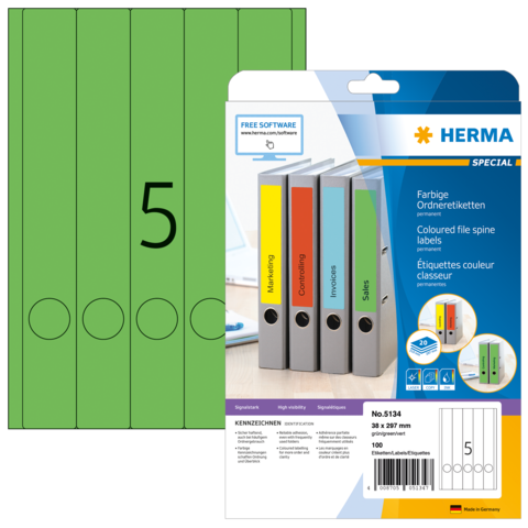 Bunte Ordneretiketten in verschiedenen Farben für die Beschriftung von Aktenordnern, verpackt in einer transparenten Hülle.