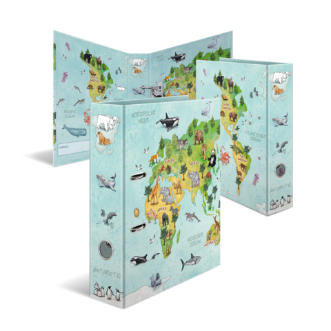 Ordner mit einer Weltkarte, die verschiedene Meereslebewesen und geografische Regionen zeigt, einschließlich Nordpol und Antarktis.