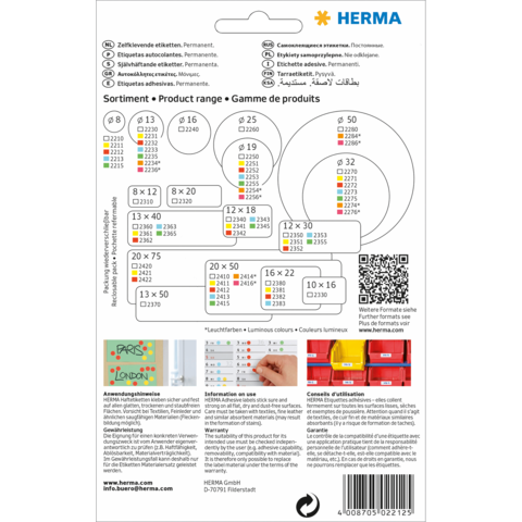 Produktübersicht mit verschiedenen Etikettenformaten und -nummern von Herma, einschließlich Anwendungshinweisen und QR-Code.