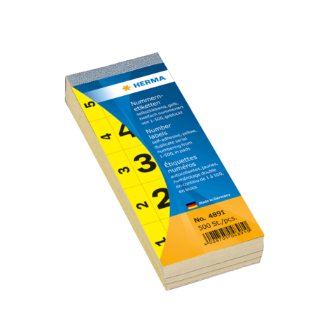 Nummernschilder in einer Packung mit 500 Etiketten, erhältlich in verschiedenen Größen und Farben, hergestellt von HERMA.