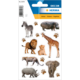 Tieraufkleber mit verschiedenen Tieren: Zebra, Nilpferd, Löwe, Löwenjunges, Giraffe, Leopard, Elefant und Nashorn, umgeben von Pfotenabdrücken.