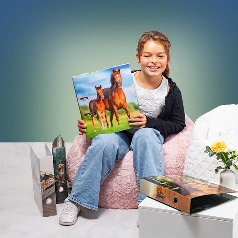 A girl is sitting in an armchair, holding a picture of two horses in her hand. Next to her are some folders and a plant.