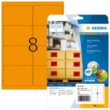 Neon-Etiketten auf einem Bogen, mit der Nummer 8 in der Mitte. Verpackung zeigt Produktdetails und Verwendungshinweise.