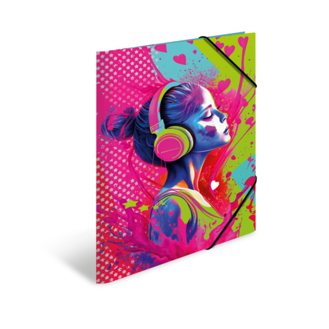 Ein farbenfrohes Kunstwerk einer Frau mit Kopfhörern, die entspannt wirkt, umgeben von lebhaften Farben und Herzmotiven.