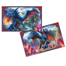 A blue dragon with red wings breathes fire and stands before a fantastic landscape filled with crystals and mountains.