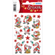 Weihnachtliche Aufkleber mit verschiedenen Santa Claus Motiven, darunter Santa auf einem Schlitten, mit Geschenken und in verschiedenen Posen, umgeben von roten Sternen.