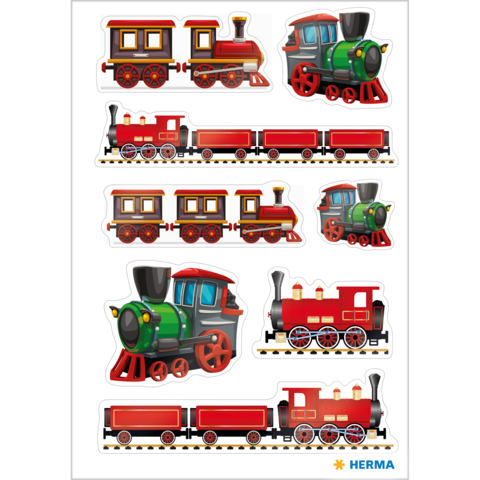 Bunte Aufkleber von Lokomotiven und Waggons in verschiedenen Designs, darunter eine grüne Lok und rote Waggons.