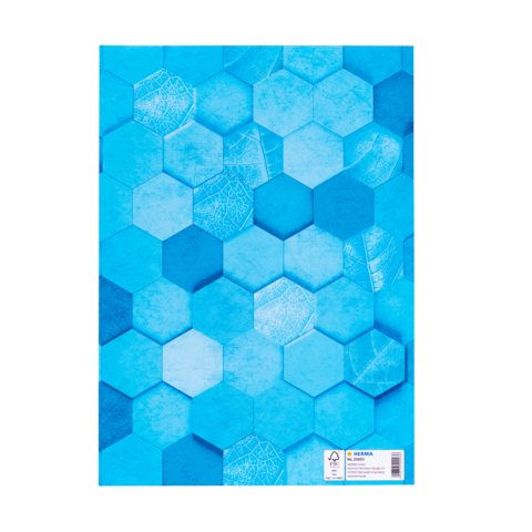 Blaue Hexagon-Muster auf einer Oberfläche, die verschiedene Schattierungen und Texturen zeigt. Ein Etikett befindet sich in der unteren Ecke.