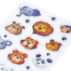 Tieraufkleber mit verschiedenen Tiermotiven, darunter ein Elefant, Löwe, Affe, Panda und andere.