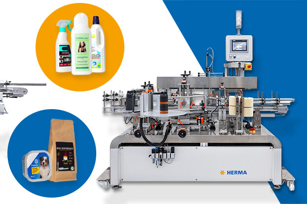 Various machines for labelling and packaging liquids, surrounded by product images in circles.