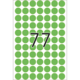 Eine große Zahl "77" in schwarzer Schrift, umgeben von vielen grünen Punkten auf weißem Hintergrund.
