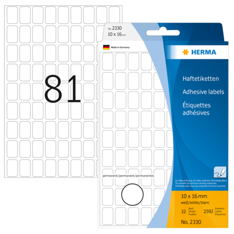 Haftetiketten von HERMA, 10 x 16 mm, 32 Stück, mit der Nummer 81 auf einem Etikett, in einer Verpackung.