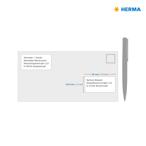 Briefbeschreibung einer Postkarte mit Absender- und Empfängerdaten sowie einem Platz für eine Briefmarke. Maße sind angegeben.