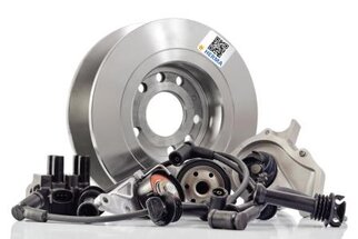 Brake parts and engine accessories, including brake discs, sensors, and pumps, arranged against a white background.