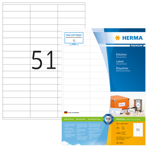 Etikettenblatt mit der Nummer 51, das die Marke Herma zeigt, sowie Informationen zu Größe und Verwendung von Etiketten.