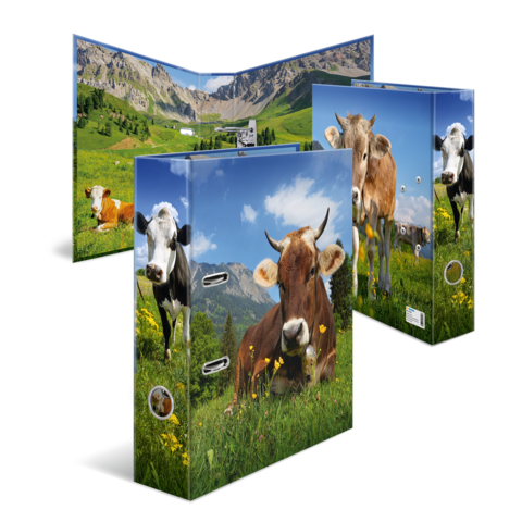 Folder with pictures of cows in a meadow, surrounded by mountains and blooming flowers.