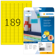 Gelbe Etikettenblätter mit der Nummer 189, verpackt in einer transparenten Hülle, mit Informationen zu farbigen Etiketten und Software.