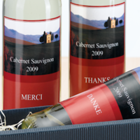 Bottles of wine with a label stuck on them.
