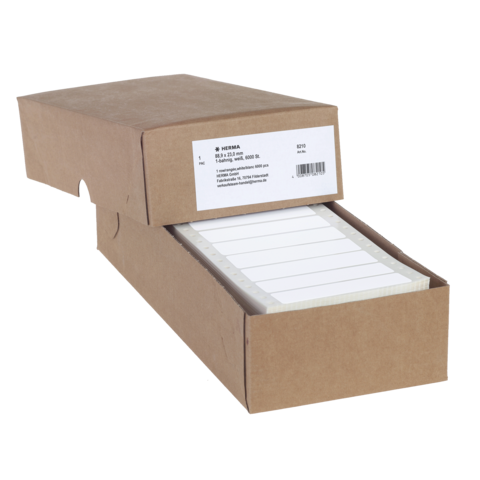 Braune Kartonbox mit beschrifteten Karten, die teilweise herausgezogen sind. Auf der Box befindet sich ein Etikett mit Produktinformationen.