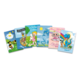 Sechs verschiedene Stickeralben mit bunten Covern, die Tiere, Blumen und fantasievolle Szenen zeigen.
