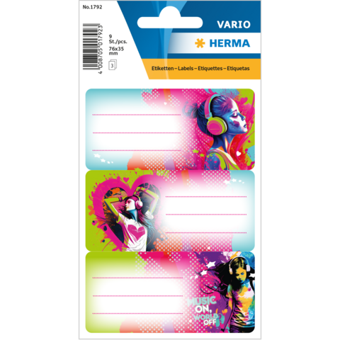 Colorful labels featuring music motifs that provide space for labeling. The designs showcase stylized figures wearing headphones and graphic elements.