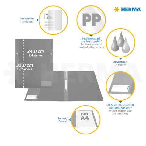 Transparent folders made of polypropylene, wipeable, with labeling stickers and a pocket for inserts, suitable for DIN A4, dimensions 24 x 31 cm.