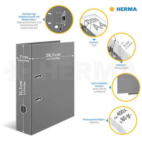 Gray binder with lifting mechanism, dimensions 31.5 cm x 28.5 cm x 7 cm, suitable for A4 documents, capacity approximately 400 sheets.