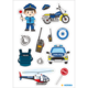 Polizist mit Verkehrspoller, Polizeimotorrad, Funkgerät, Handschellen, Polizeiauto, Hubschrauber und Stoppschild.