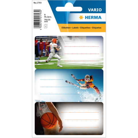 Sporty labels featuring designs of American football, skiing, and basketball, each with space for inscriptions.