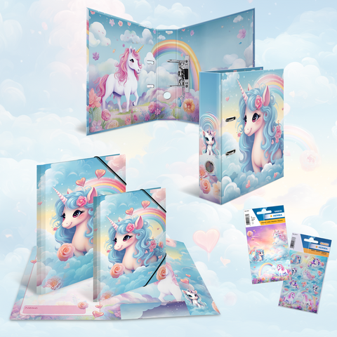 Colorfully designed school supplies featuring unicorn motifs, including binders, folders, and stickers, set against a sky-blue background.