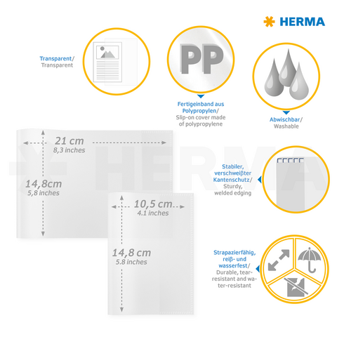Transparent polypropylene sleeves, wipeable, sturdy, and waterproof. Dimensions: 21 x 14.8 cm and 10.5 x 14.8 cm. Ideal for documents.