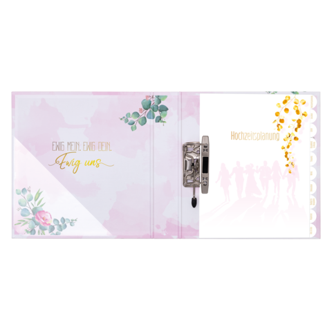 Ein Hochzeitsplaner mit floralem Design, der den Titel "Hochzeitsplanung" und den Text "Ewig uns" enthält.