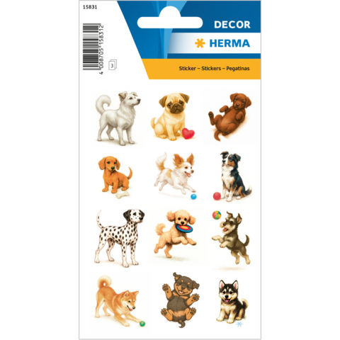 Stickers featuring various dogs in different poses and breeds, including a Chihuahua, a Dalmatian, and a Poodle.