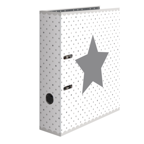 Ein weißer Ordner mit grauen Punkten und einem großen grauen Stern auf der Vorderseite.