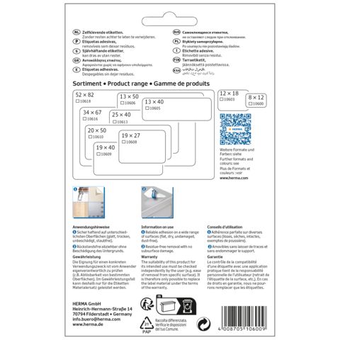 Produktverpackung mit verschiedenen Etikettengrößen und Anwendungshinweisen. QR-Code und Website-Informationen sind ebenfalls enthalten.